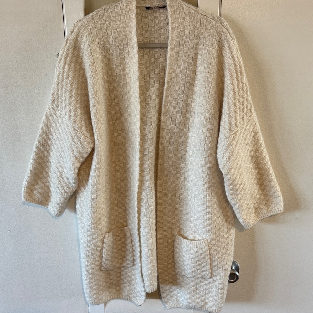 Open-Front Cream Textured Knit Cardigan